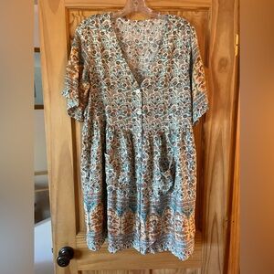 Floral Button-Front Midi Dress in Teal and Cream